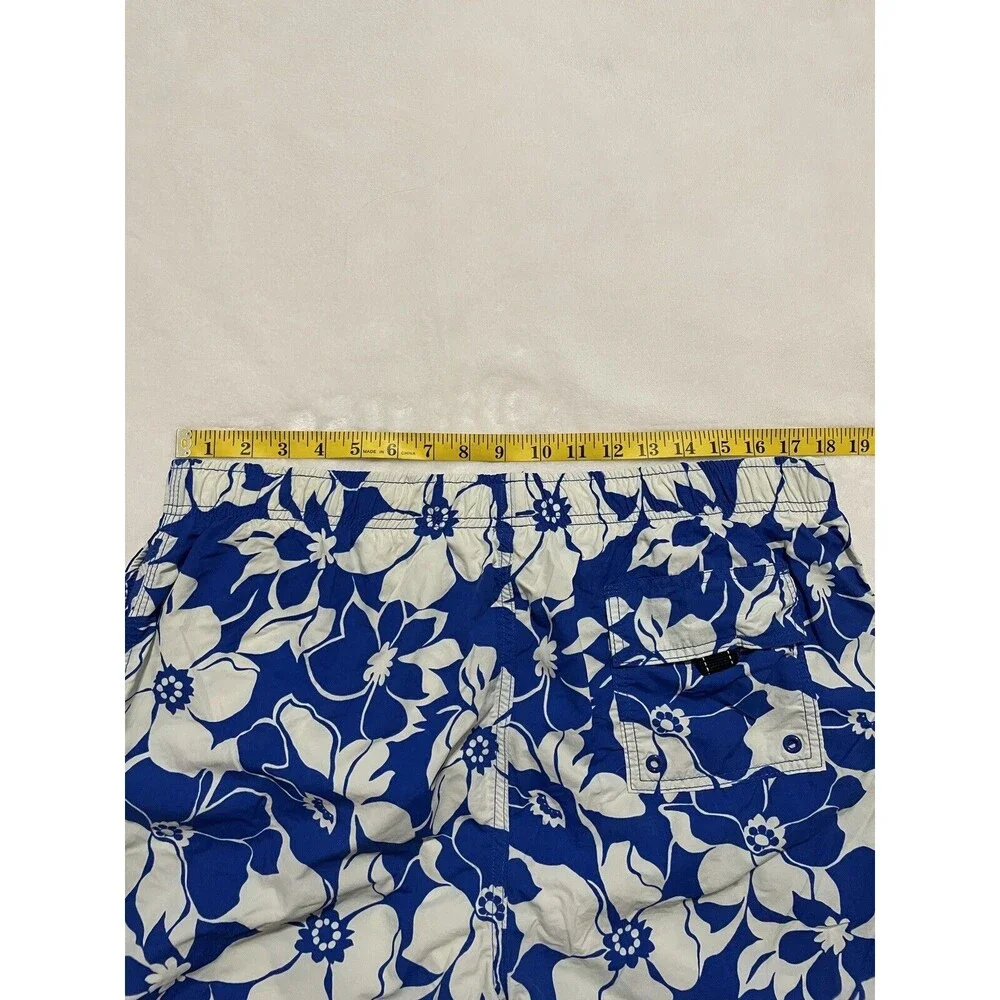Lands End Swim Trunk Shorts Mens Large 36 38 Blue White Floral Pull On Lined